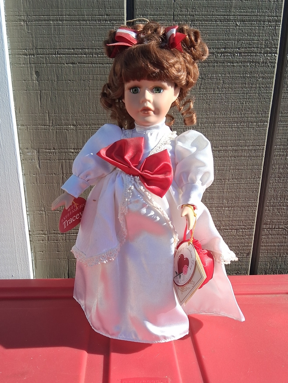 Collector Porcelain Doll with White Dress and Red Accents